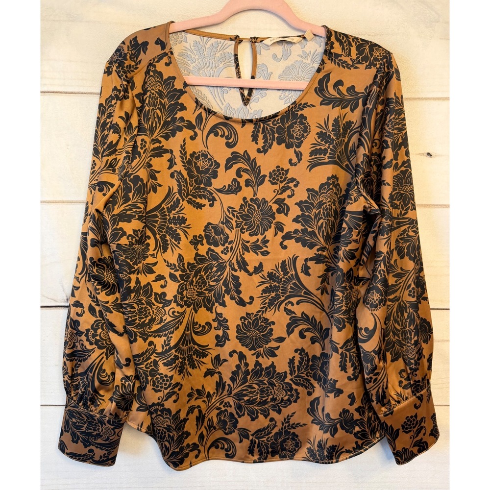 Soft Surroundings Bronze Black Damask Floral Satin Blouse Top 2GD05 Large